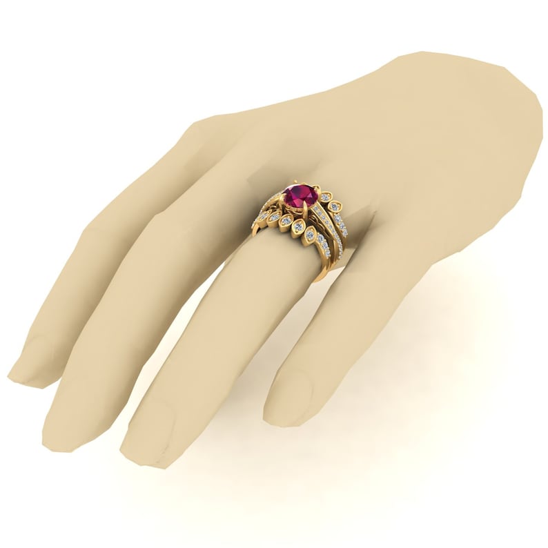 Vintage Art deco Bridal Moissanite Ring Set Gift for Women 2.25cts Lab Ruby Gemstone Engagement Ring Set Unique 3pcs Ring Set For Her