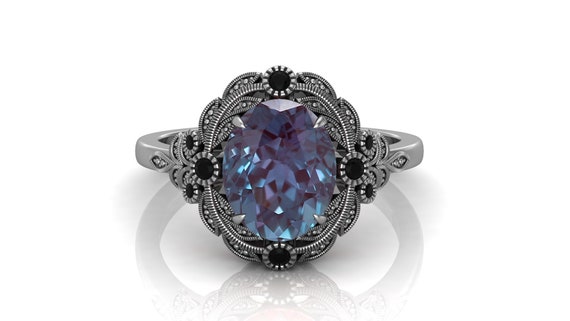 Vintage Engagement Ring: Oval Alexandrite Solitaire - Black Rhodium Finish
