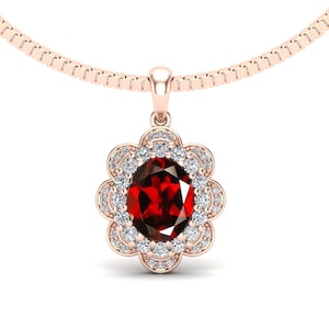Colgante de granate rojo natural de 2,80 cts, cadena de caja de 45 cm con cierre de resorte, halo de moissanita blanca, colgante art déco vintage, regalo para ella.