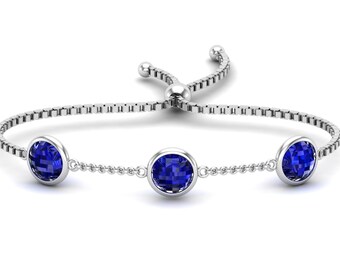 Women’s Sapphire Bracelet: Handmade Silver, Slide Lock Closure - 7 Inch