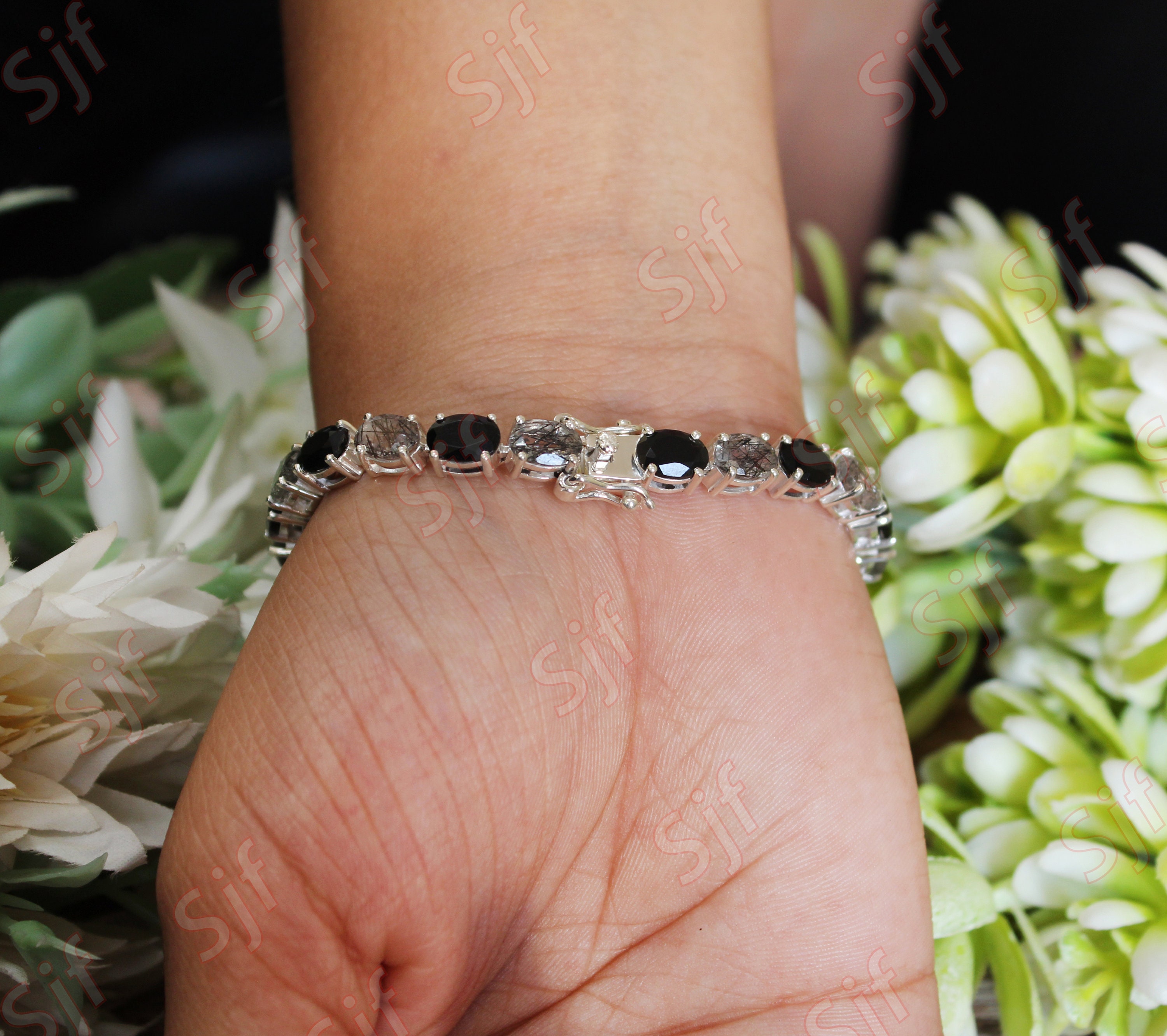AAA Natural Black Onyx and Black Rutile Women Tennis Bracelet in