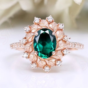 1.70cts Emerald Leaf Nature Inspired Ring 14k Rose Gold Plated Engagement Ring, Art deco Bridal Moissanite Ring, Green Stone Gift For Women