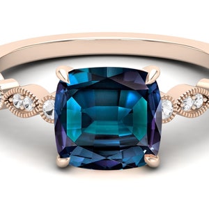 2.85ct AAA Lab Created Alexandrite & Moissanite in 14k Rose Gold Plated Engagement Ring, Vintage Art Deco Bridal Solitaire Ring