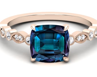 2.85ct AAA Lab Created Alexandrite & Moissanite in 14k Rose Gold Plated Engagement Ring, Vintage Art Deco Bridal Solitaire Ring