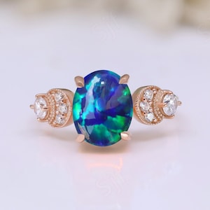 Oval Peacock Opal Gemstone Engagement Ring Vintage Art deco Bridal Moissanite Ring 14K Rose Gold 925 Silver Ring Promise Ring For Love