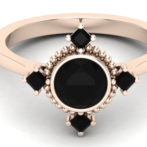 1.08ct Natürlicher Schwarzer Onyx Runder Stein in 14K Rose Gold Vergoldeter Verlobungsring, Schwarzer Spinal Ring, Vintage Art Deco Ring*Geschenk für Geburtstag*