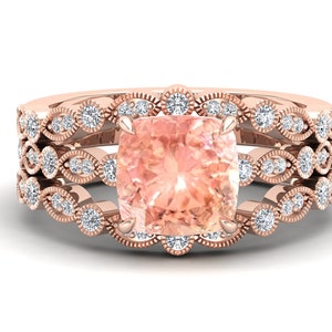 Cushion 8.00mm Peach Morganite Gemstone Engagement Ring Set, Bridal Moissanite Ring Set, Vintage Art deco Ring Set For Her,Gift for Birthday
