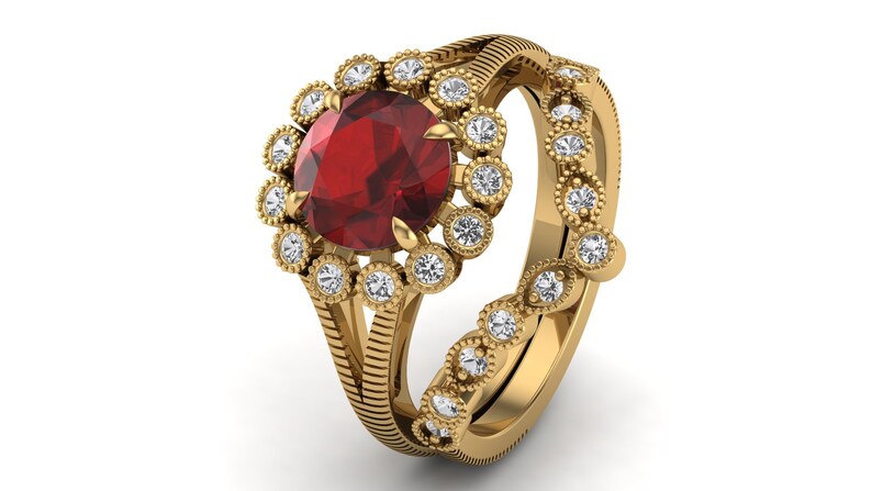 2.40ct AAA Natural Red Garnet /& Moissanite in 14K Yellow Gold Plated Engagement Ring Vintage Art Deco Antique Flower Ring for Women Gift