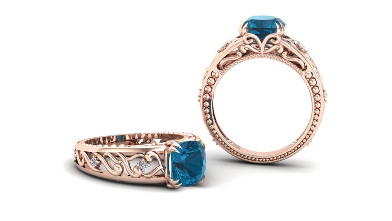 Vintage Art deco Filigree Ring Bridal Moissanite Ring Natural London Blue Topaz Gemstone Wedding Ring Cushion Ring Gift For Anniversary