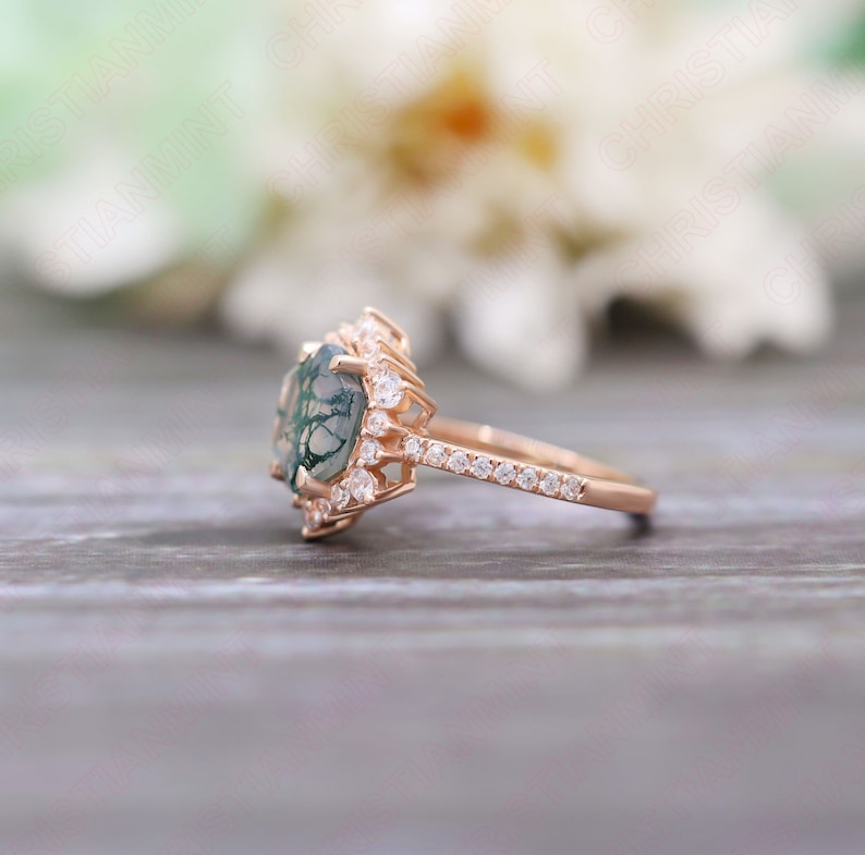 Hexagon Natural Moss Agate Gemstone 14K Rose Gold Plated 925 Silver Ready To Ship Engagement Ring Statement Promise Halo Gift For Her image 2