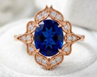925 Sterling Silver Blue Sapphire Ring Rose Gold Plated Moissanite Ring Engagement Wedding Ring Statement Ring Gift for Her Anniversary
