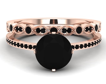 Art Deco Ring Set: Black Onyx and Rose Gold (Engagement Wedding)