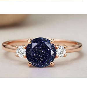 Natural Blue Sandstone Gemstone 14K Rose Gold 925 Silver Engagement Ring Solitaire Bridal Wedding Ring Anniversary Gift Birthday Gift