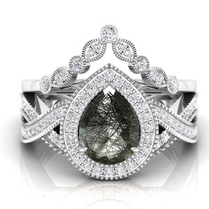 Beautiful Natural Black Rutiled Engagement Ring Set, 2PCS Wedding Ring Set For Her, Christmas Gift Ring, Teardrop Bridal Ring, Halo Ring Set 925 Rhodium Plated