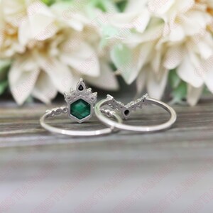 8mm Hexagon Vintage green malachite Wedding Ring, art deco 14k Gold Ring set , unique black rhodium Ring, Gift for Anniversary Gift for Wife image 4