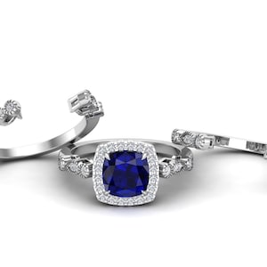 1.84cts, Cushion Blue Sapphire Gemstone Engagement Ring Set, Blue Stone 3pcs Ring Set, Vintage Art deco Moissanite Ring Set, Gift For Women
