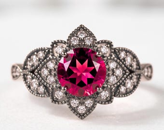 925 Sterling Silver Ruby Moissanite Ring, Black Rhodium Vintage Floral Ring, Art Deco Engagement Promise Statement Ring