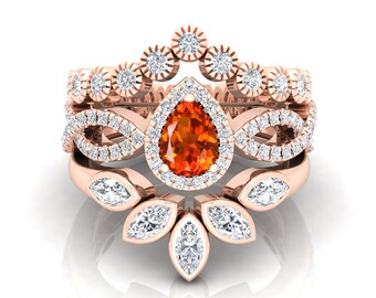 Pear Citrine Engagement Ring Set, Halo Moissanite, 14k Rose Gold Vermeil