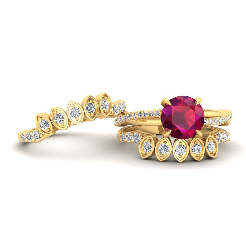 Vintage Art deco Bridal Moissanite Ring Set Gift for Women 2.25cts Lab Ruby Gemstone Engagement Ring Set Unique 3pcs Ring Set For Her