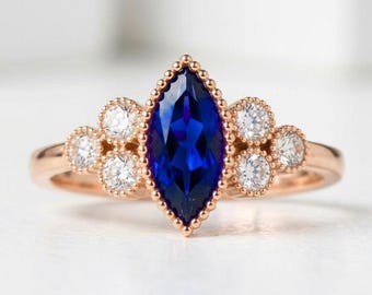Blue Sapphire Moissanite Ring, 925 Sterling Silver Rose Gold Ring, Engagement Wedding Statement Ring, Promise Ring Bride's Maid Ring