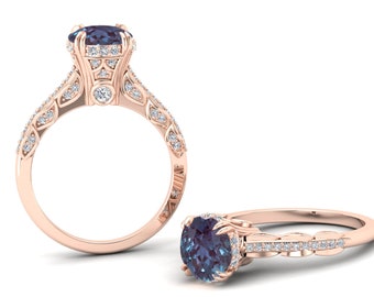 Alexandrite Bridal Ring: Vintage Art Deco, Rose Gold Vermeil
