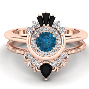 Natural London Blue Topaz Wedding Ring Set For Bride, Vintage Art deco Bridal Halo Moissanite Ring Set, Black Spinal Ring Set, Gift For Wife