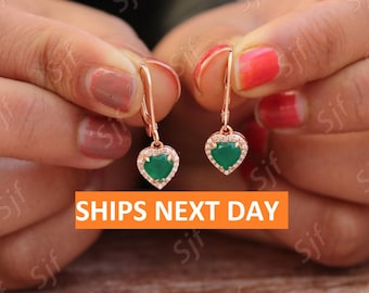1.35 Cts Natural Heart 6.00mm emerald shade Green Onyx Lever Back Earrings, Gift For Her, Dangle Earrings, Onyx Women Jewelry ,Halo Earrings