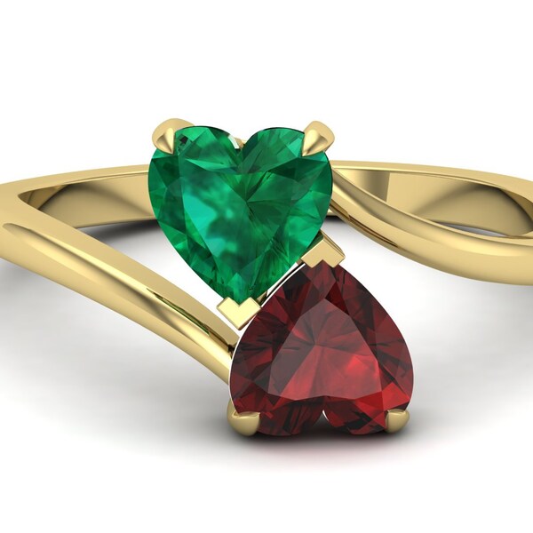 Emerald And Red Garnet Gemstone Engagement Ring, Art deco Bridal Ring, Double Stone Ring, Heart Shape Ring, Gift For Valentine Day, Love