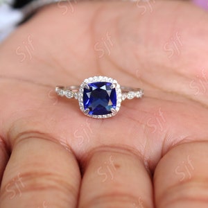 2.32 ct Lab Created AAA Blue Sapphire Bridal Ring Moissanite in Rhodium Plated Wedding Ring Unique Micro Set Art deco Ring for Anniversary image 9