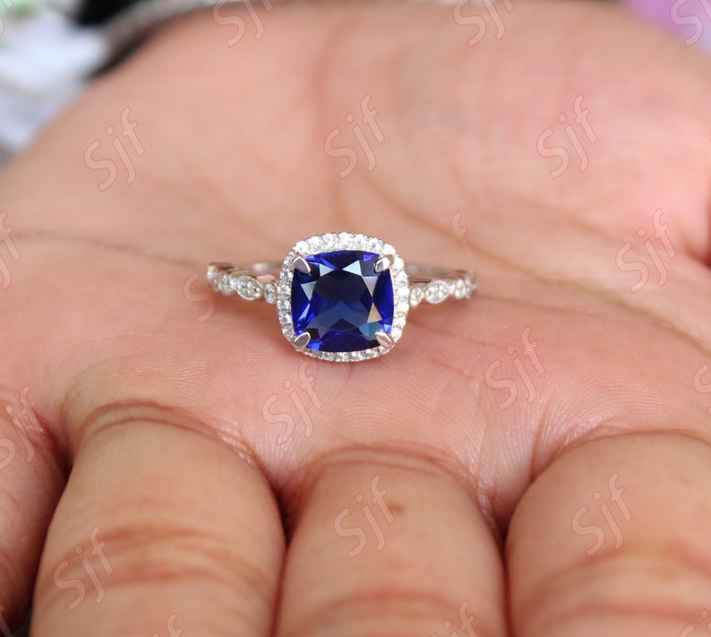 2.32 ct Lab Created AAA Blue Sapphire Bridal Ring Moissanite in Rhodium Plated Wedding Ring Unique Micro Set Art deco Ring for Anniversary image 9