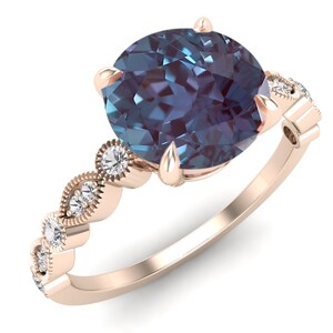 2.35ct AAA Lab Created Alexandrite & Moissanite Round Shape in 14k Rose Gold Plated Engagement Ring, Vintage Art Deco Bridal Solitaire Ring image 2