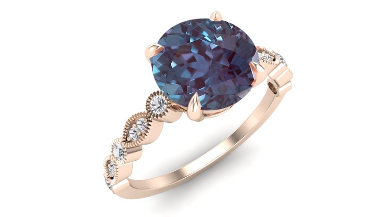 2.35ct AAA Lab Created Alexandrite & Moissanite Round Shape in 14k Rose Gold Plated Engagement Ring, Vintage Art Deco Bridal Solitaire Ring image 2