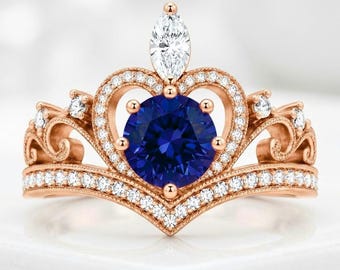 Blue Sapphire Moissanite Ring, 925 Sterling Silver Rose Gold Ring, Statemen Engagement Crown Ring, Birthday Anniversary Gift For Her Love