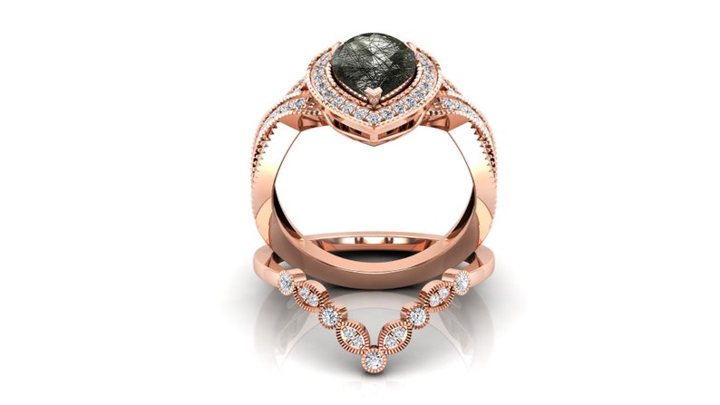 Beautiful Natural Black Rutiled Engagement Ring Set, 2PCS Wedding Ring Set For Her, Christmas Gift Ring, Teardrop Bridal Ring, Halo Ring Set image 7