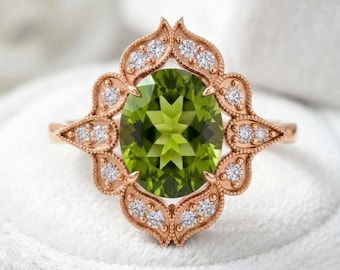 925 Sterling Silver Peridot Ring Rose Gold Plated Moissanite Ring Engagement Wedding Ring Statement Ring Gift for Her Anniversary