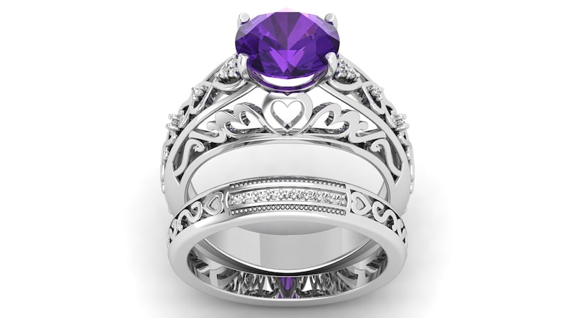 Bridal Moissanite Ring Set 2.88ct AAA African Amethyst Gemstone and Pave Set Engagement Ring Set Purple Stone Ring Christmas Gift For Her