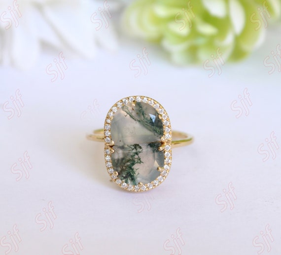 Beautiful Natural Moss Agate Ring, Unique D Shape Stone Ring, Engagement  Ring for Her, Double D Stone Ring, Birthstone Halo Ring, for Gift 