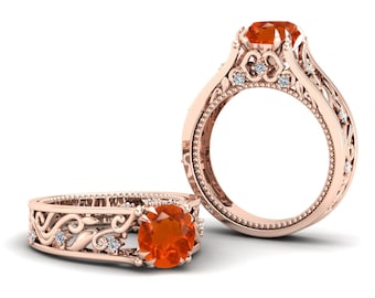 Bridal Ring: Fire Opal Center Stone - Rose Gold Vermeil Finish