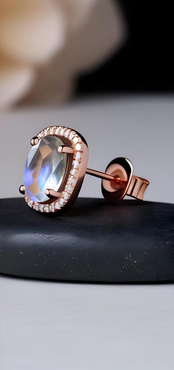 Oval Moonstone Halo Stud Earrings 925 Silver 14K Rose Gold