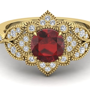 1.54ct AAA Natural Red Garnet Engagement Ring, Vintage Art deco Bridal Moissanite Ring, Red Stone Ring, Birthstone Ring, Floral Ring For Her
