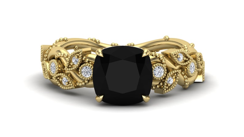 Vintage Art deco Ring AAA Natural Black Onyx Gemstone Engagement Ring Gift For Wife,Her Bridal Moissanite Ring Antique Leaf Ring 2.70ct