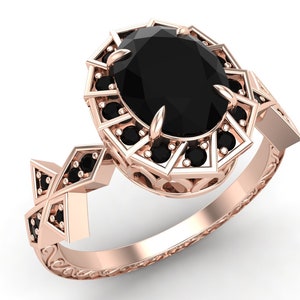 Vintage Art deco Black Onyx Engagement Ring, Halo Wedding Rose Gold Ring For Her, Unique Halo Bridal Rose Gold Ring For Woman Birthday Gift