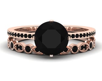 2.4ct Natural Black Onyx & Black Spinal Set in 14K Rose Gold Plated Engagement Ring, Solitaire Ring for her, gift for wife, best seller ring