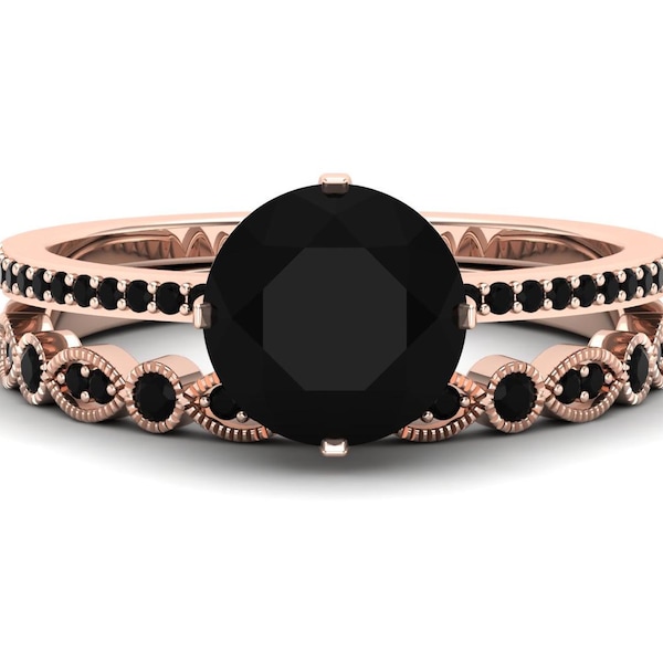 Engagement Ring: Black Onyx Vintage Design (Rose Gold Vermeil)