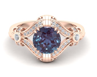 Alexandrite Engagement Ring, Vintage Art Deco (Round Stone, Rose Gold Vermeil)