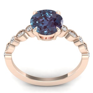 2.35ct AAA Lab Created Alexandrite & Moissanite Round Shape in 14k Rose Gold Plated Engagement Ring, Vintage Art Deco Bridal Solitaire Ring image 7