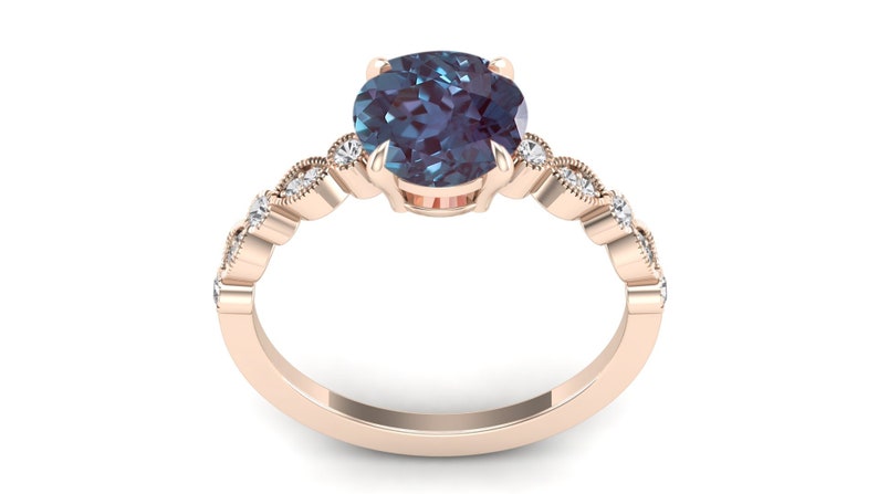 2.35ct AAA Lab Created Alexandrite & Moissanite Round Shape in 14k Rose Gold Plated Engagement Ring, Vintage Art Deco Bridal Solitaire Ring image 7