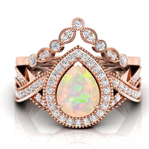 Vintage Natural Opal Engagement Ring Set, 2PCS Wedding Ring Set For Her, Christmas Gift Ring, Teardrop Birthstone Ring, Art deco Bridal Ring