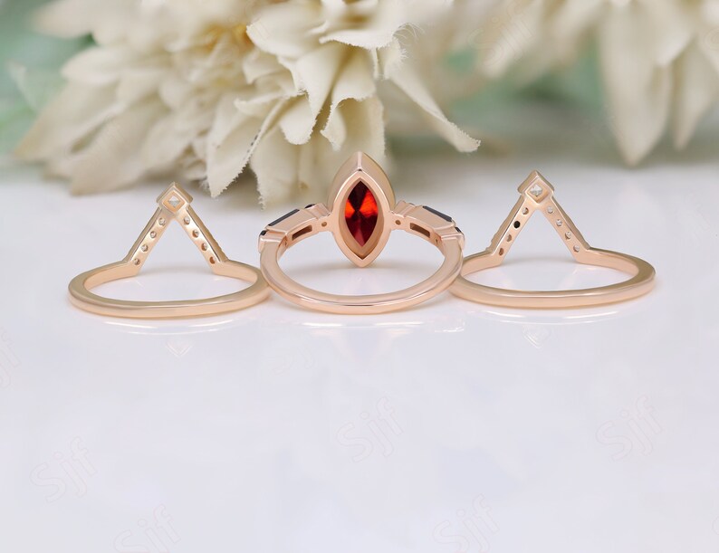 Marquise Red Garnet Gemstone Wedding Ring Set For Bride Art deco Red Garnet Ring Set Wedding Ring Set 14K Gold Garnet Rings 925 Silver Rings image 4