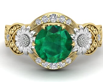 Anillo de compromiso de esmeralda: diseño vintage Art Déco con girasoles.